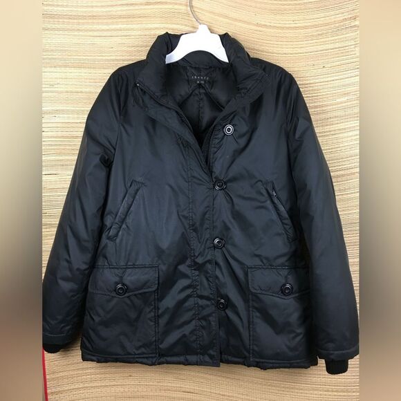 THEORY Down Puffer Hooded Raccoon Fur Trim Parka Jacket Zip/Buttons Black Size M - Picture 8 of 14